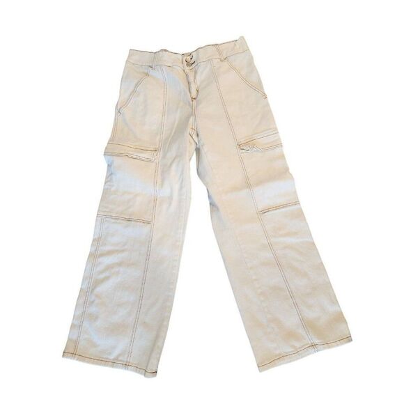 Vintage 90s White Cargo Pants Jeans Size L Baggy Wide Leg Rave - Picture 1 of 6